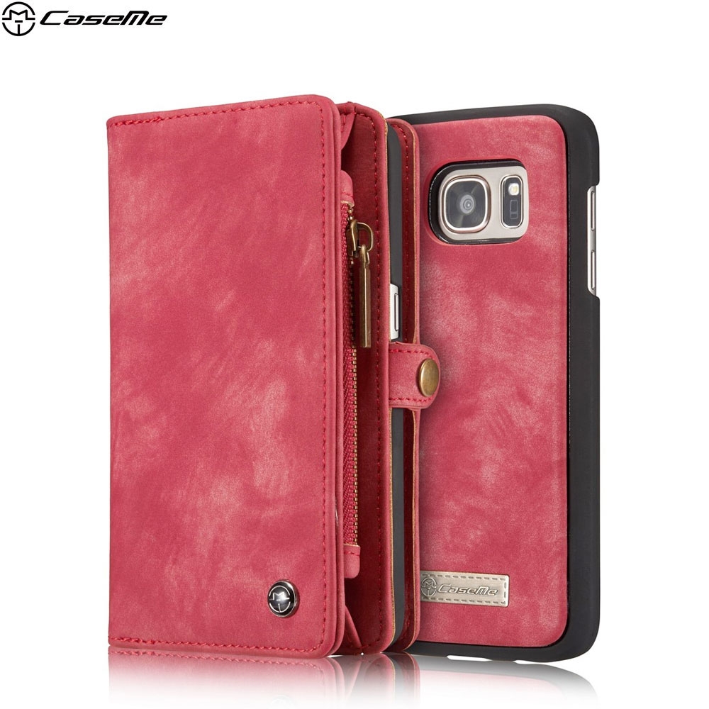 Samsung Galaxy S7 Leder Tasche Brieftasche (Wallet) + Kartenetui + Magnet Leder Case - Rot