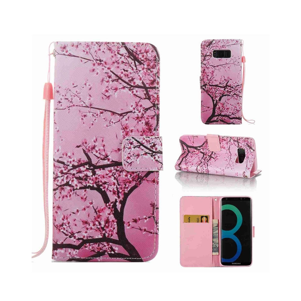 Samsung Galaxy S8 Leder Tasche Portemonnaie mit Kartenfächern Blütenbaum - Pink