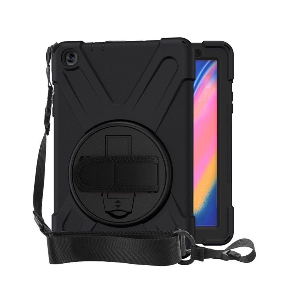 Image of Samsung Galaxy Tab A 8.0 & S-Pen (2019) Hybrid Outdoor Silikon Case Hülle mit Aufsteller und Handschlaufe und Schultergurt - Schwarz bei Apfelkiste.ch
