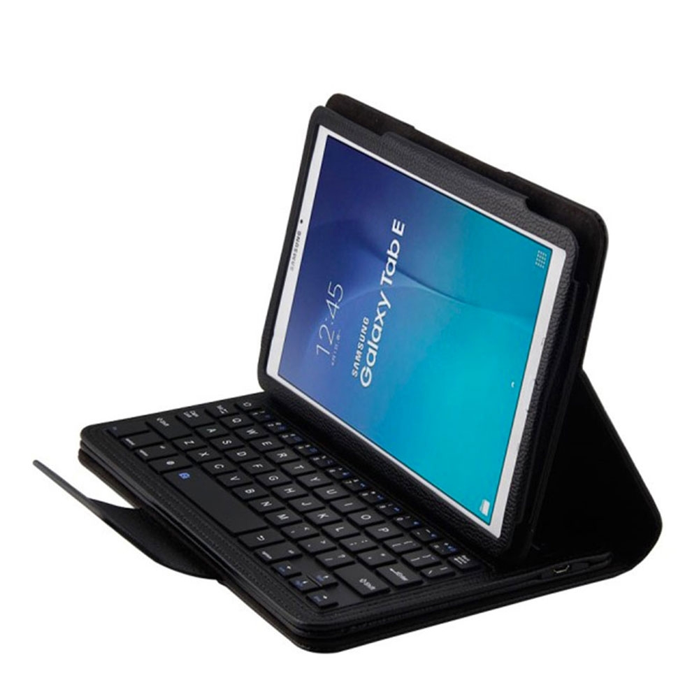 Samsung Galaxy Tab E 9.6 Leder Tasche mit Bluetooth Tastatur Litchi Look - Schwarz