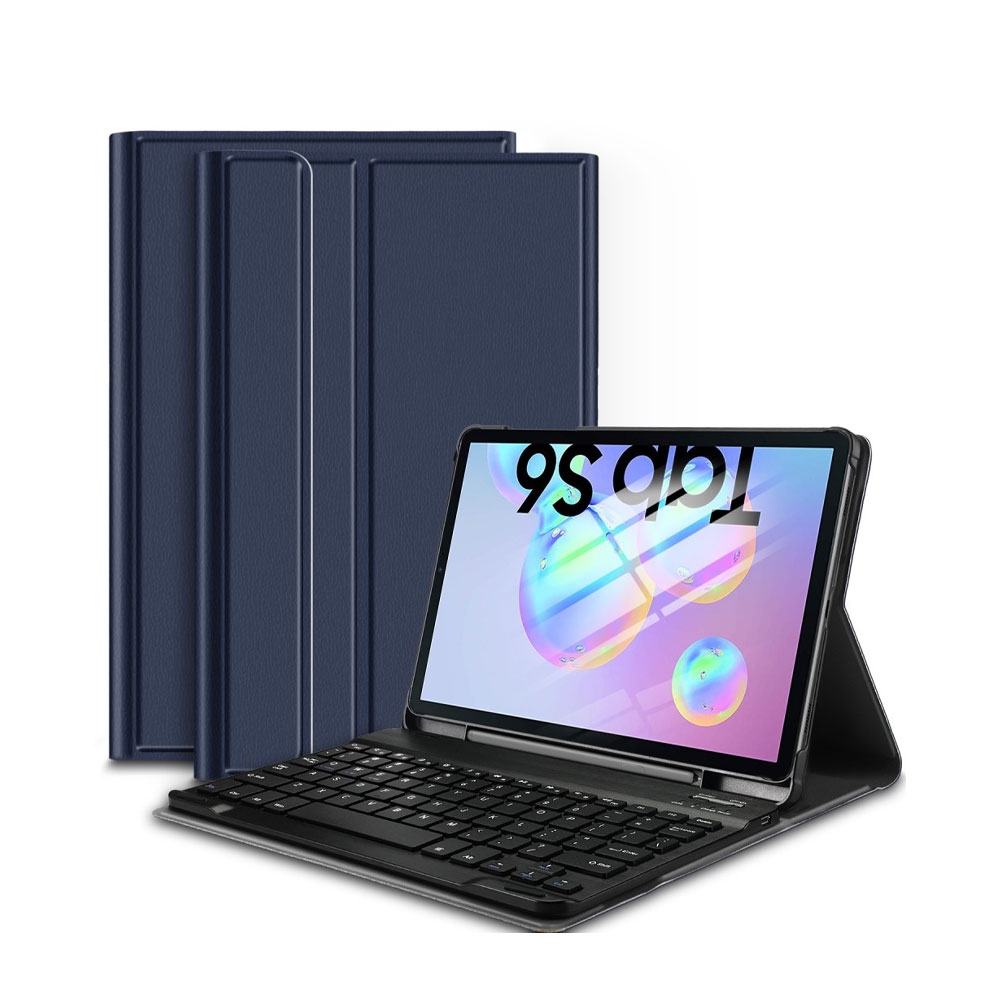 Samsung Galaxy Tab S6 Leder Tasche mit Bluetooth Tastatur + Touch Pen Halter (QWERTY) - Blau