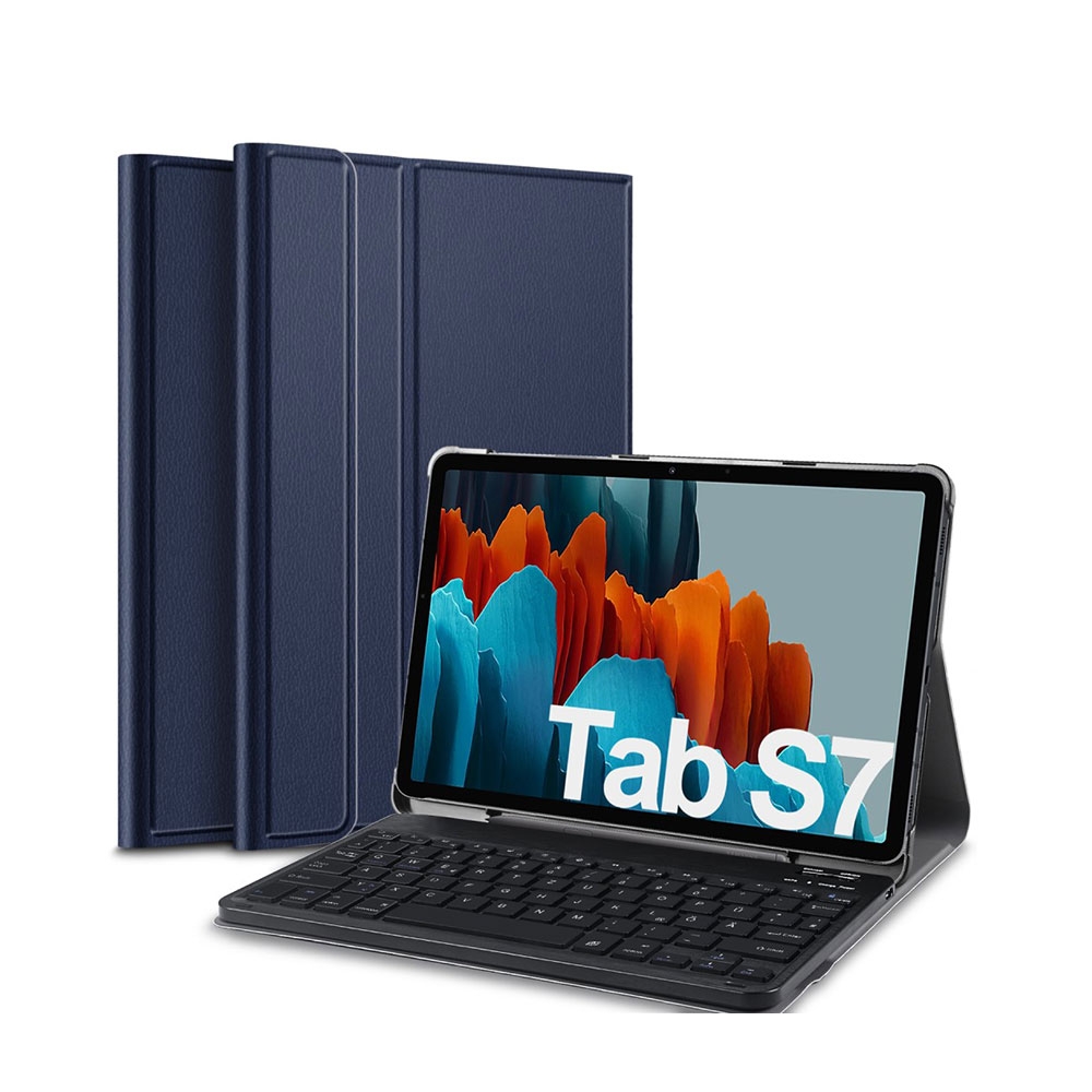 Samsung Galaxy Tab S7 Leder Tasche mit Bluetooth Tastatur + S-Pen Halter DE Layout (QWERTZ) - Dunkelblau