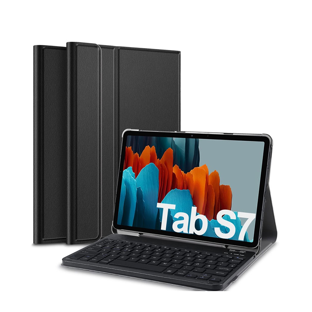 Samsung Galaxy Tab S7 Leder Tasche mit Bluetooth Tastatur + S-Pen Halter DE Layout (QWERTZ) - Schwarz
