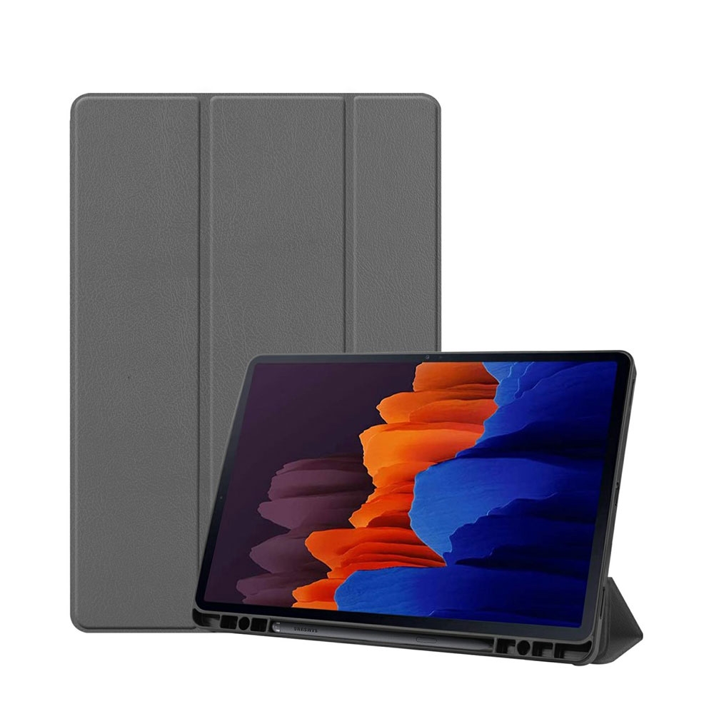 Image of Samsung Galaxy Tab S7+ Plus Leder Tasche Smart Cover Hülle Litchi Look + S-Pen Halterung - Grau bei Apfelkiste.ch