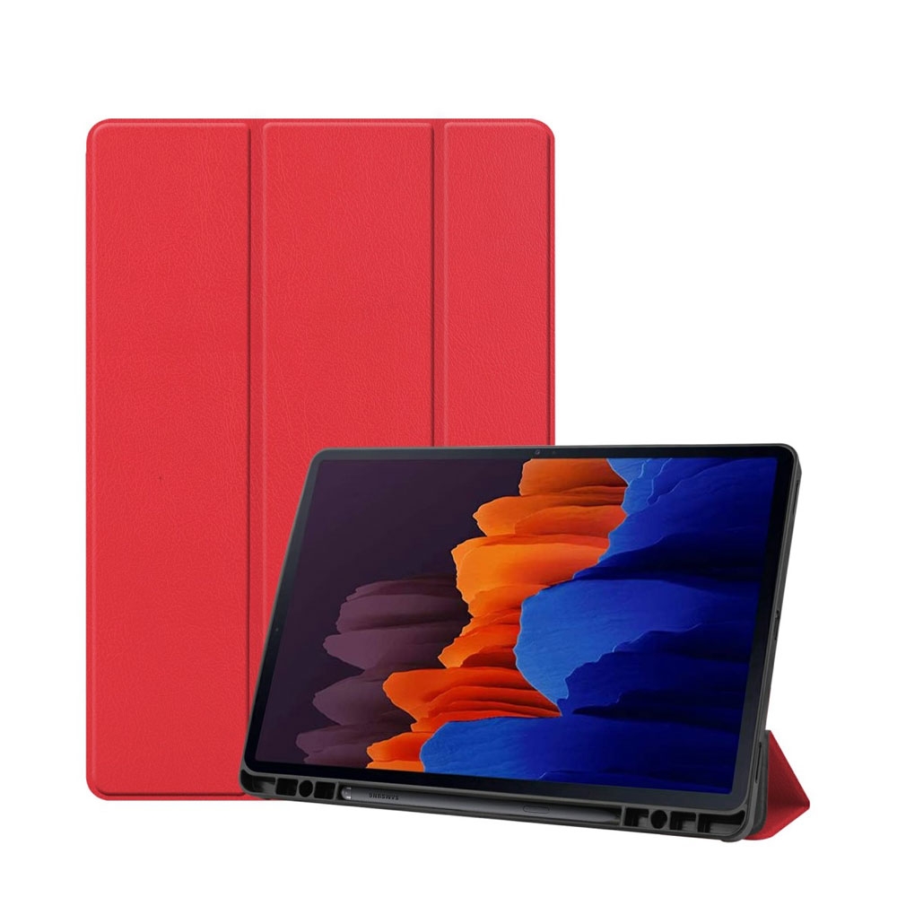 Image of Samsung Galaxy Tab S7+ Plus Leder Tasche Smart Cover Hülle Litchi Look + S-Pen Halterung - Rot bei Apfelkiste.ch