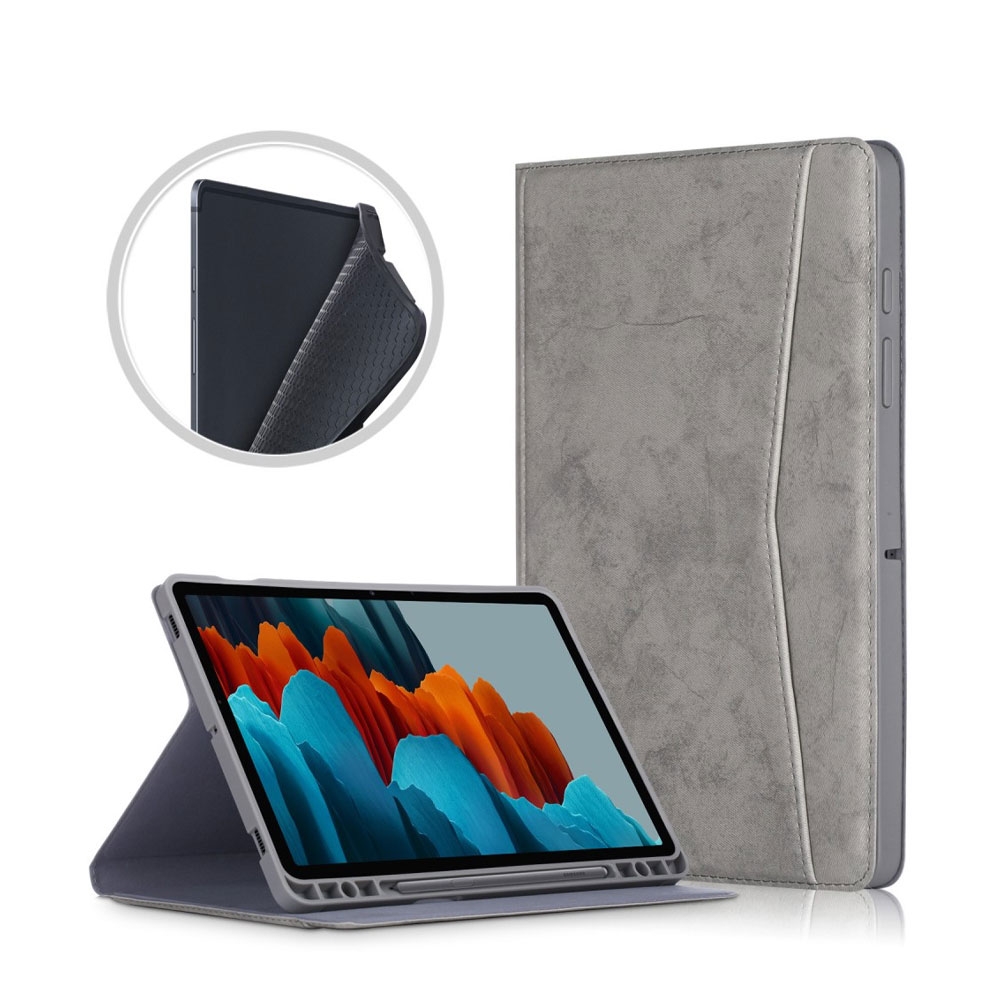 Image of Samsung Galaxy Tab S7 Vintage Leder Tasche Smart Case Hülle S-Pen Halterung - Grau bei Apfelkiste.ch
