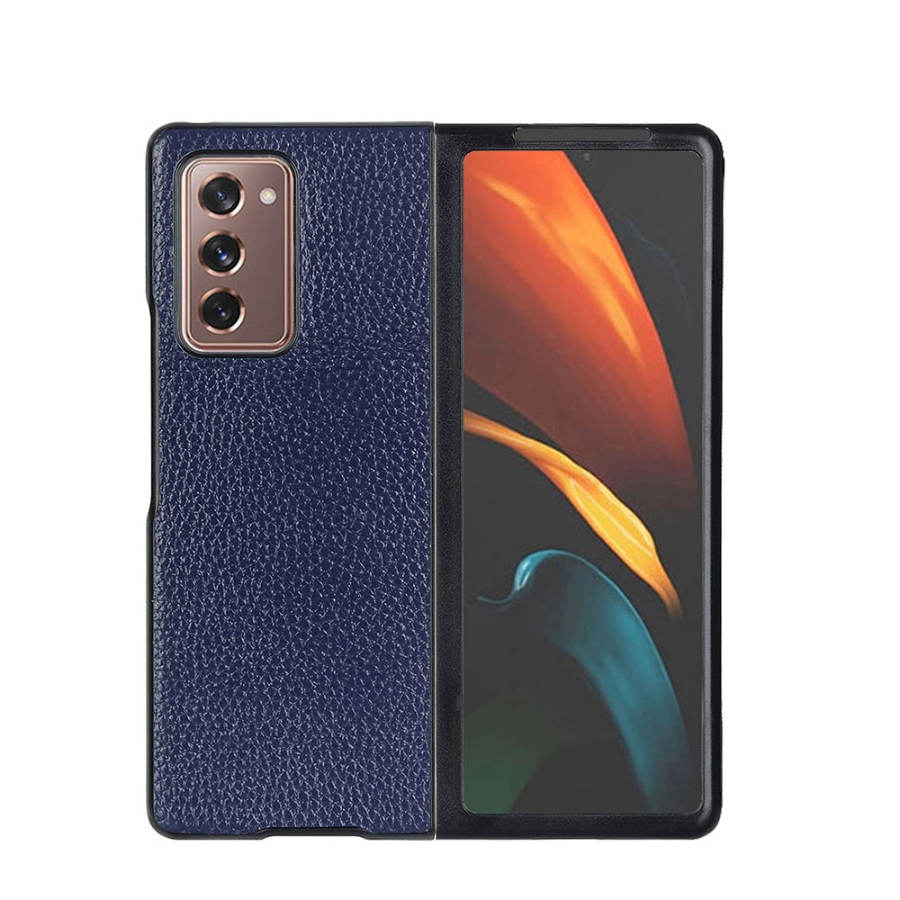 Image of Samsung Galaxy Z Fold2 / Z Fold2 5G Echtleder Hardcase Hülle Litchi Look - Dunkelblau bei Apfelkiste.ch