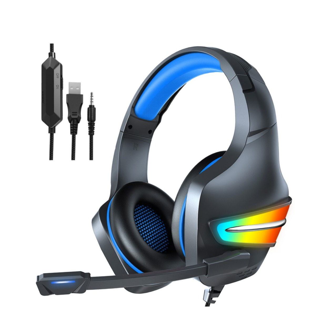 Image of Gaming USB Kopfhörer Over-Ear LED Stereo Headset mit Mikrofon + 3.5 mm Klinken Anschluss AUX Adapter (PS5 / PS4 / XBOX / PC / TV) - Schwarz / Blau bei Apfelkiste.ch