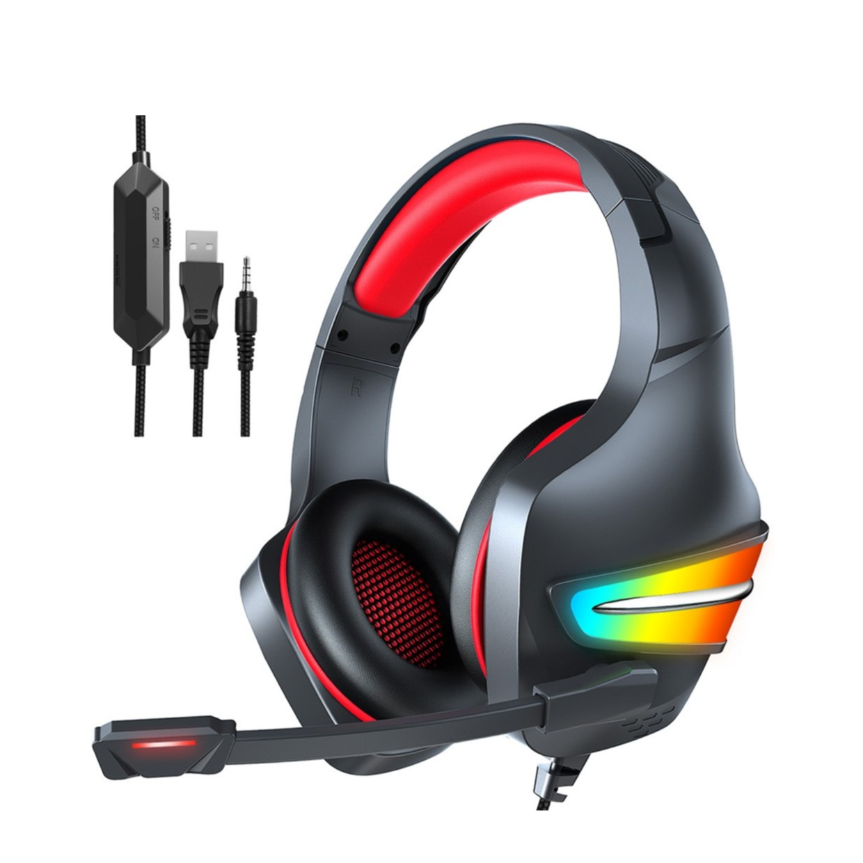 Image of Gaming USB Kopfhörer Over-Ear LED Stereo Headset mit Mikrofon + 3.5 mm Klinken Anschluss AUX Adapter (PS5 / PS4 / XBOX / PC / TV) - Schwarz / Rot bei Apfelkiste.ch