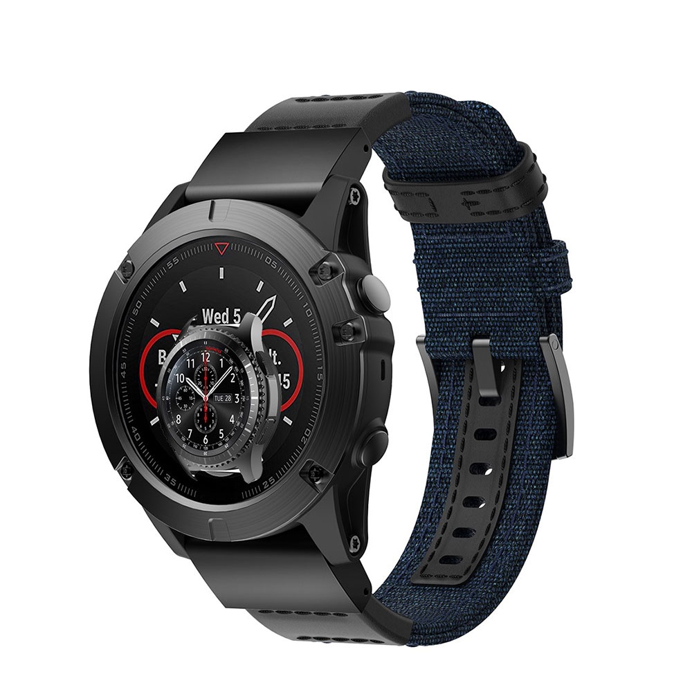 Image of (Gr. XXL) Garmin Fenix 6X / 6X Pro / 5X / 5X Plus / 3 / 3 HR / 3 Sapphire Nylon / Echtleder Armband (Gelenkumfang 211-272 mm) - Blau / Schwarz bei Apfelkiste.ch