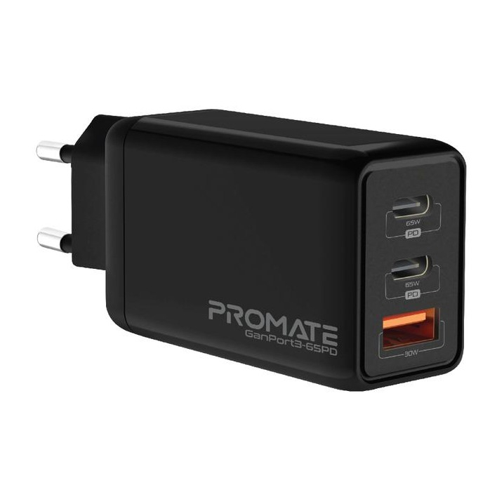 Image of Promate - (65W) Dual USB C (PD 3.0) / USB A Fast Charge GaN Ladegerät mit Power Delivery (GANPort3-65PD) - Schwarz bei Apfelkiste.ch