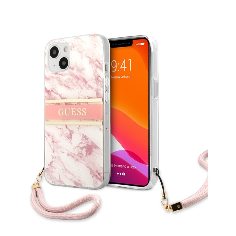 Image of Guess - iPhone 13 Mini Hardcase Hülle Marble Strap (GUHCP13SKMABPI) - Weiss / Rosa bei Apfelkiste.ch