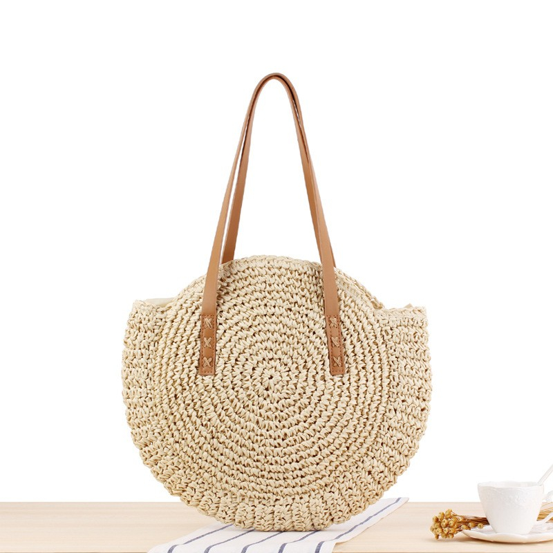 Image of (Rund Ø40cm) Vintage Stroh Strandtasche Hygge Lifestyle Gewebte Umhängetasche - Beige bei Apfelkiste.ch