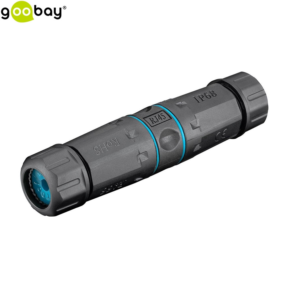 Wasserfester (IP68) RJ45 Ethernet Lan Kabel Netzwerkkabel Verbinder STP geschirmt (Cat 6A / 500MHz) - Schwarz / Blau