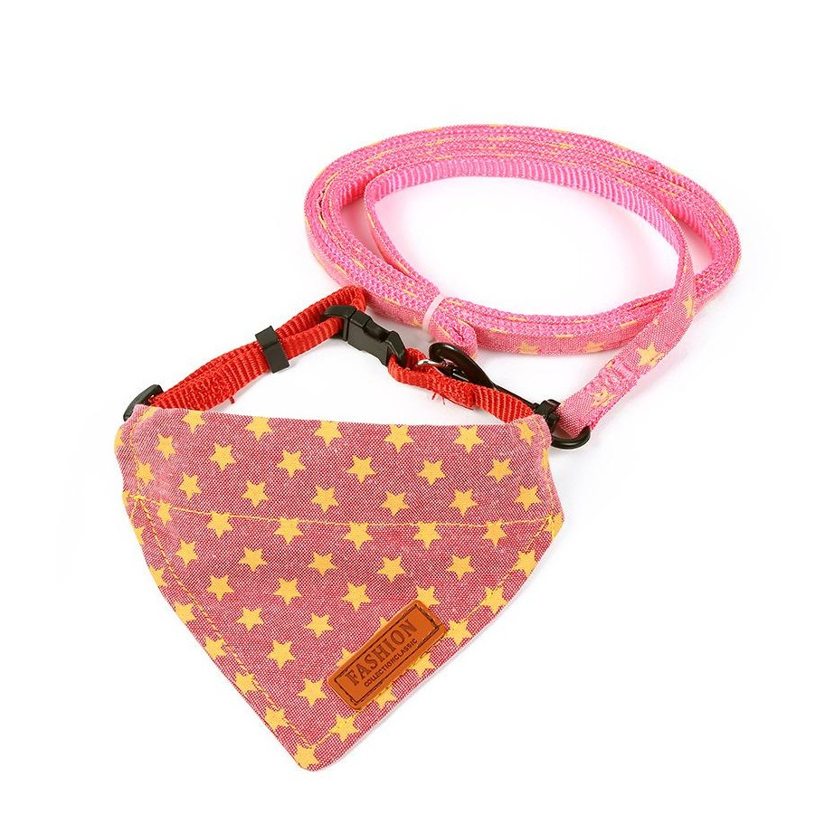 Image of (Gr. L) Verstellbares Hunde Halsband mit Abnehmbarer 120cm Leine + Bandana Tuch - Korall Rot bei Apfelkiste.ch