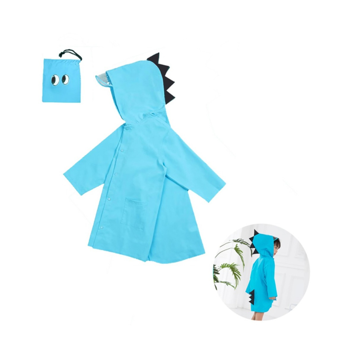 Image of (Gr. L) Kinder Regenjacke Dinosaurier Windmantel Poncho Regencape mit Kapuze + Tragetasche - Blau bei Apfelkiste.ch