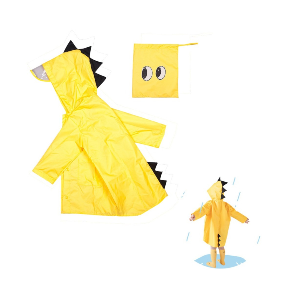 Image of (Gr. L) Kinder Regenjacke Dinosaurier Windmantel Poncho Regencape mit Kapuze + Tragetasche - Gelb bei Apfelkiste.ch
