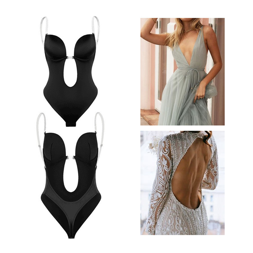 Image of (Gr. M) Damen Body Former Shapewear Rückenfreie Bauchweg Unterwäsche mit Tiefem V Ausschnitt - Schwarz bei Apfelkiste.ch