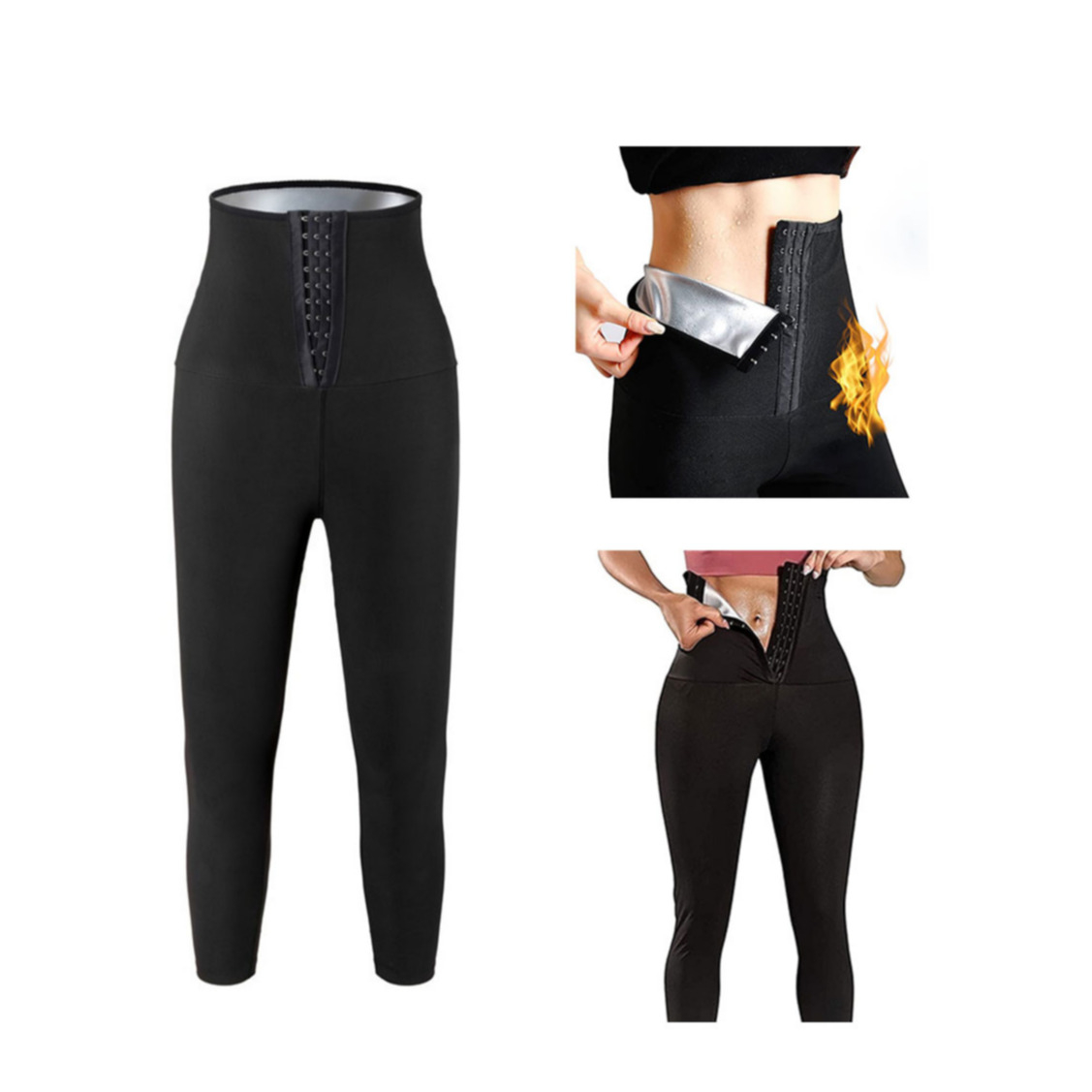 Image of (Gr. M) Elastische Thermo Sport Leggings Taillentrainer Bauchweg Schwitzhose lang für Frauen - Schwarz bei Apfelkiste.ch