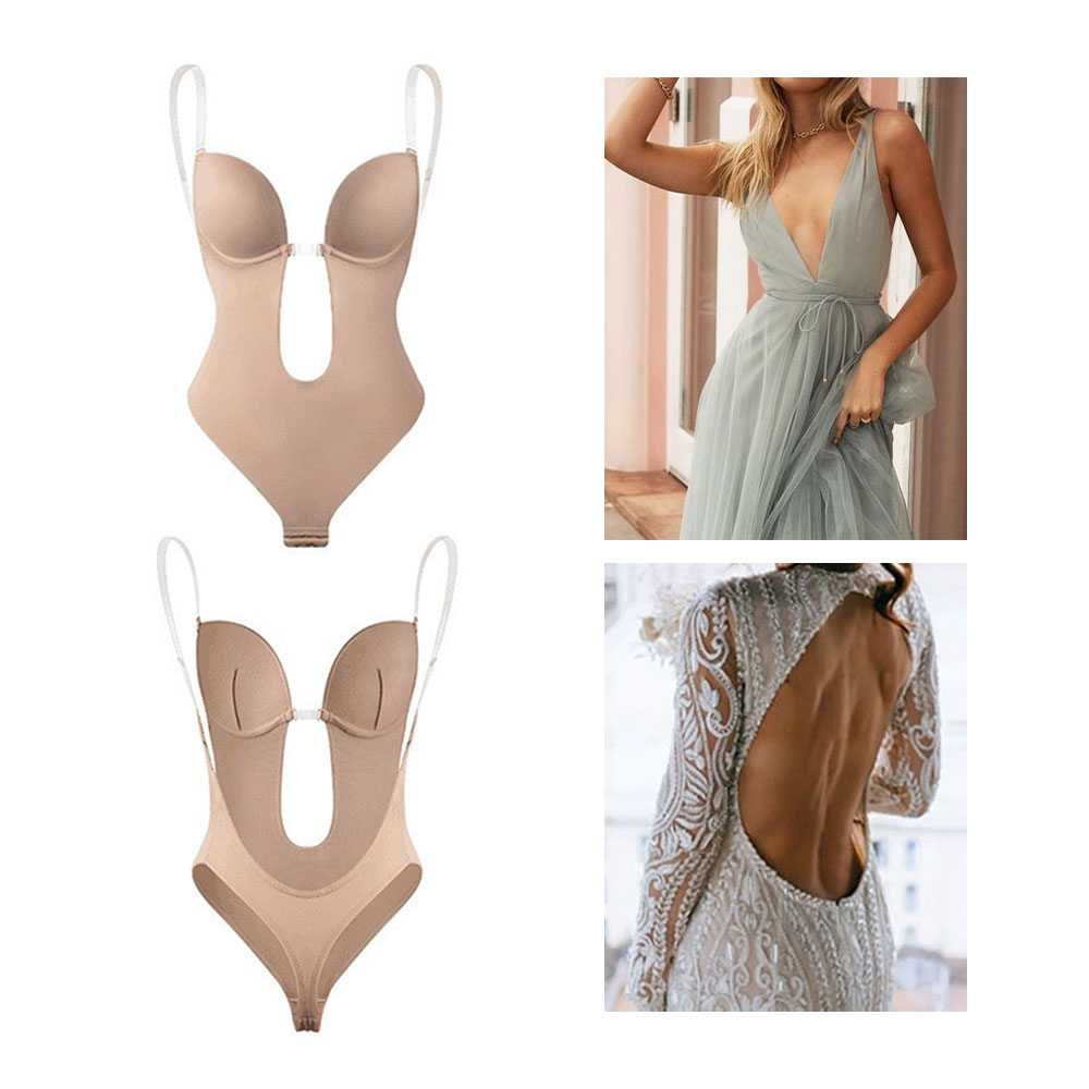 Image of (Gr. S) Damen Body Former Shapewear Rückenfreie Bauchweg Unterwäsche mit Tiefem V Ausschnitt - Nude bei Apfelkiste.ch