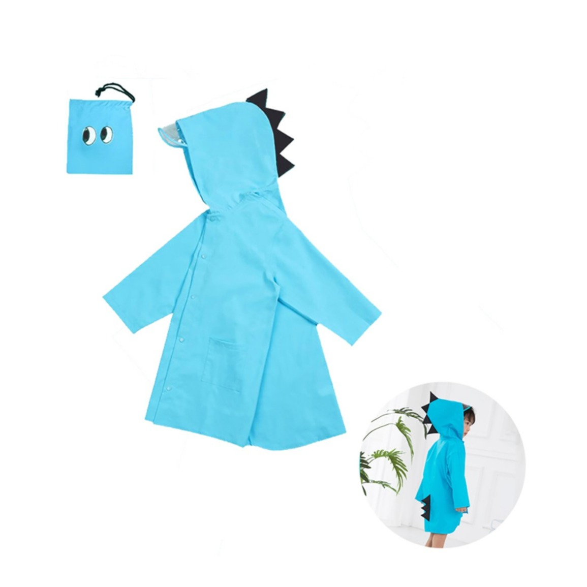 Image of (Gr. XL) Kinder Regenjacke Dinosaurier Windmantel Poncho Regencape mit Kapuze + Tragetasche - Blau bei Apfelkiste.ch