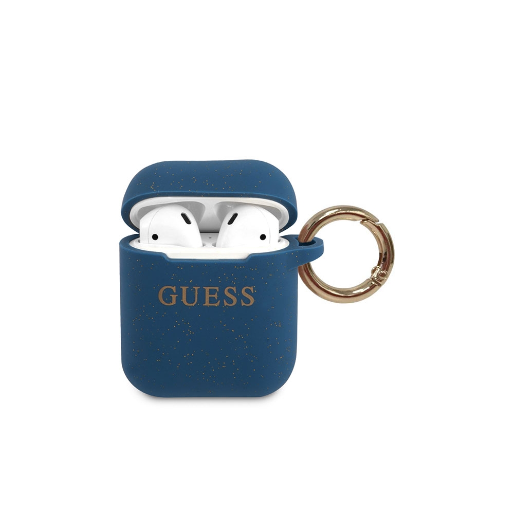Image of Guess - AirPods (1. & 2. Generation) Silikon Schutzhülle mit Scharnierring (GUACCSILGLBL) - Blau / Gold (Glitzer) bei Apfelkiste.ch