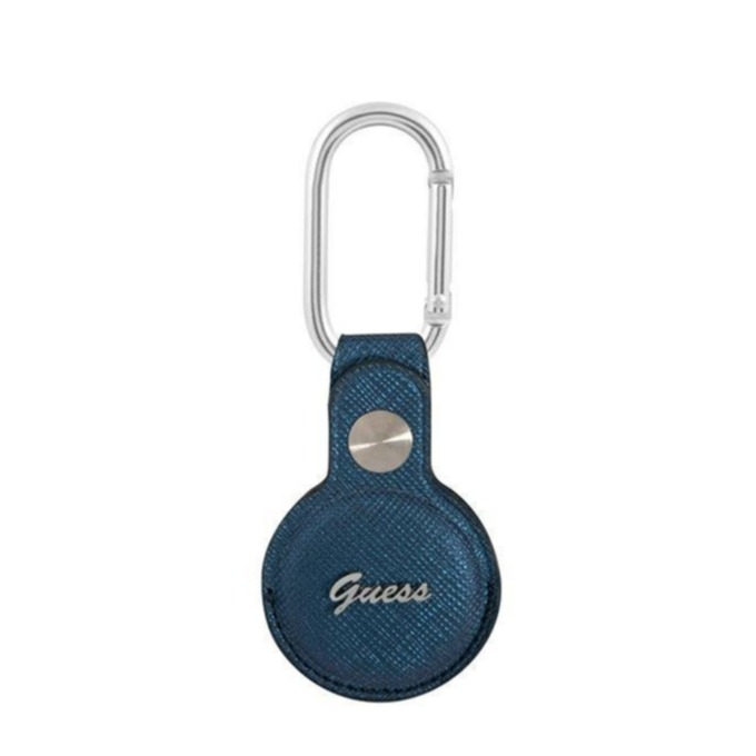Image of Guess - Apple AirTag Saffiano Anhänger Leder Hülle Script Logo Dog Clip + Karabinerhaken (GUATPSASRSB) - Dunkelblau bei Apfelkiste.ch