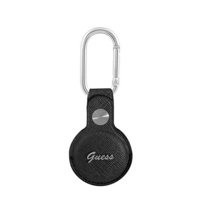 Image of Guess - Apple AirTag Saffiano Anhänger Leder Hülle Script Logo Dog Clip + Karabinerhaken (GUATPSASRSK) - Schwarz bei Apfelkiste.ch