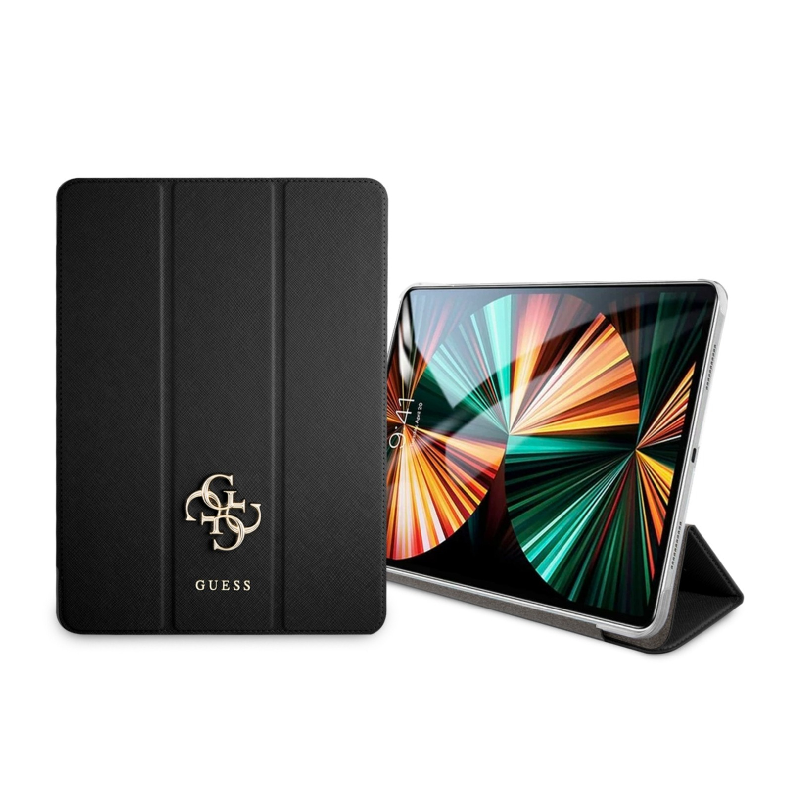 Image of Guess - iPad Pro 12.9" (2021/2020/2018) Leder Saffiano Tasche Metall Logo (GUIC12PUSASBK) - Schwarz / Gold bei Apfelkiste.ch