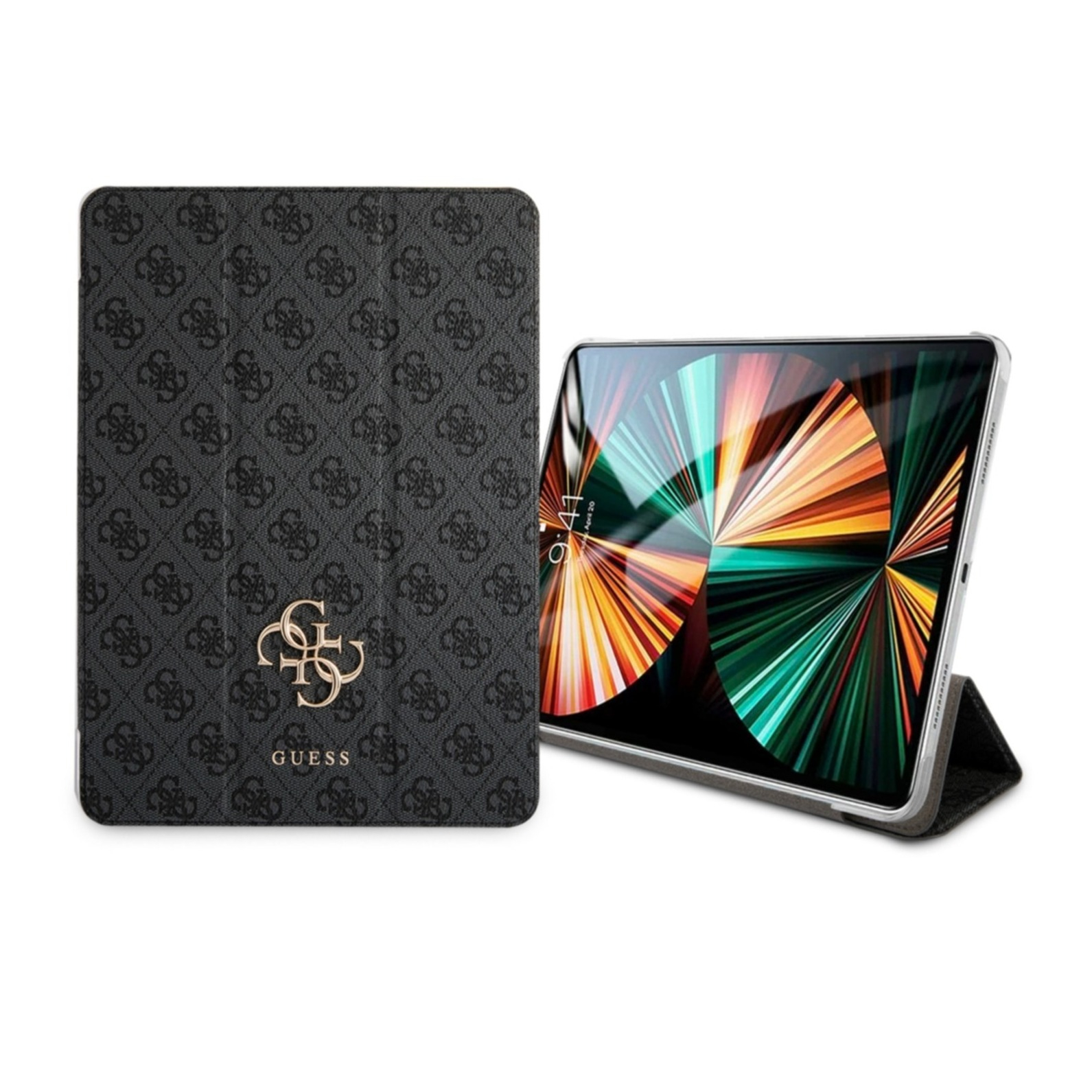 Image of Guess - iPad Pro 12.9" (2021/2020/2018) Leder Tasche Metall Logo (GUIC12G4GFGR) - Schwarz / Gold bei Apfelkiste.ch