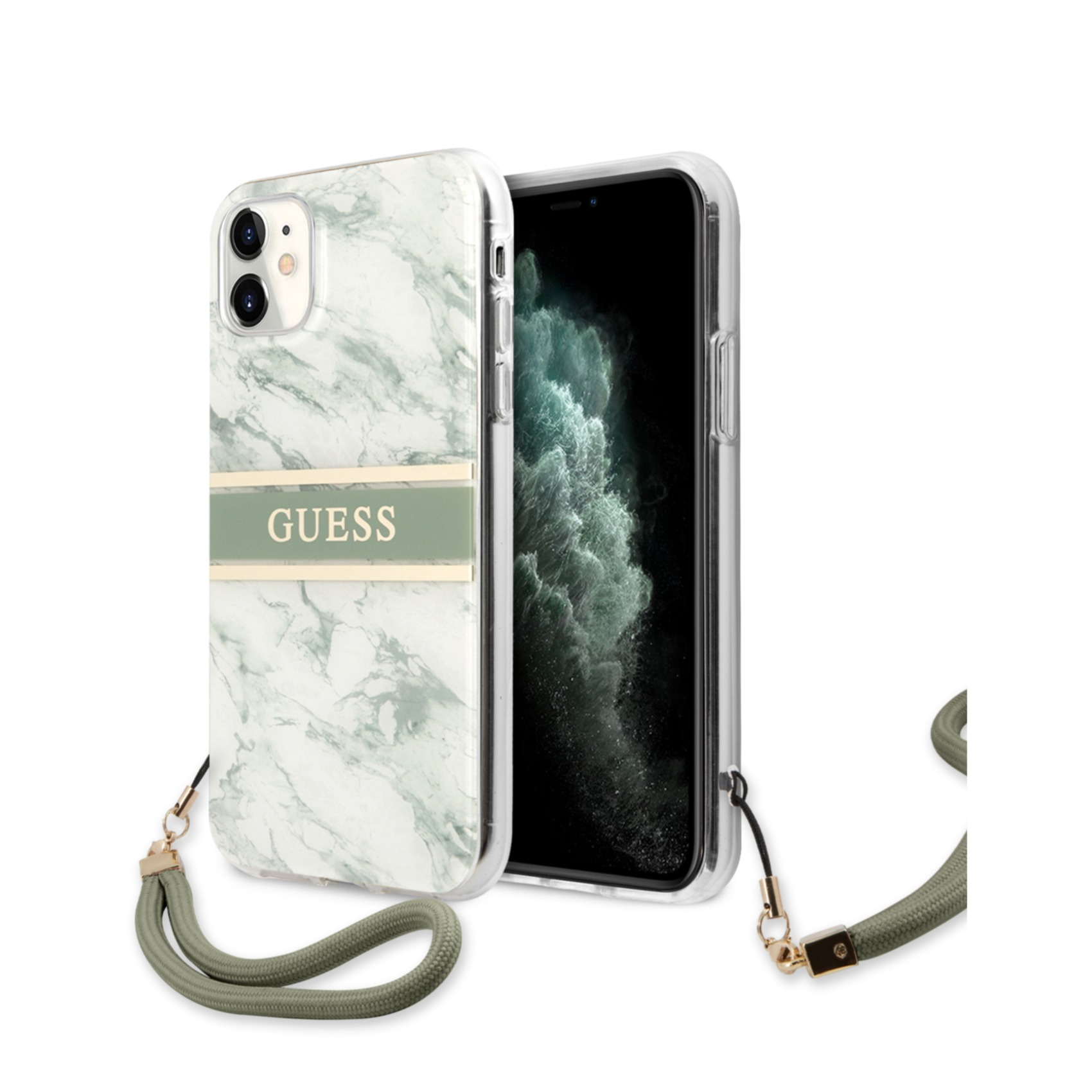 Image of Guess - iPhone 11 Hardcase Hülle Marble Strap (GUHCN61KMABGN) - Weiss / Grün bei Apfelkiste.ch