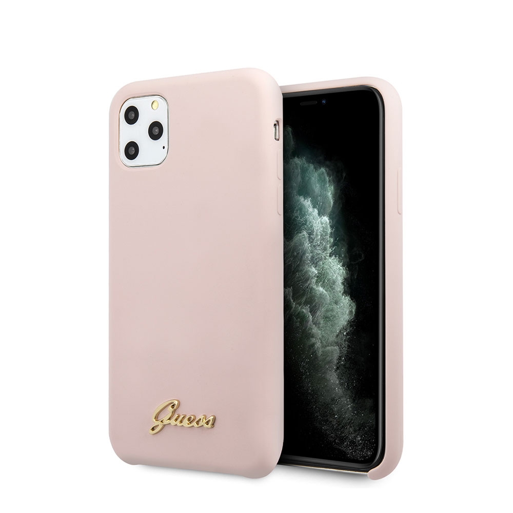 Image of Guess - iPhone 11 Pro Max Silikon Hardcase Hülle Vintage Script (GUHCN65LSLMGLP) - Rosa / Gold bei Apfelkiste.ch