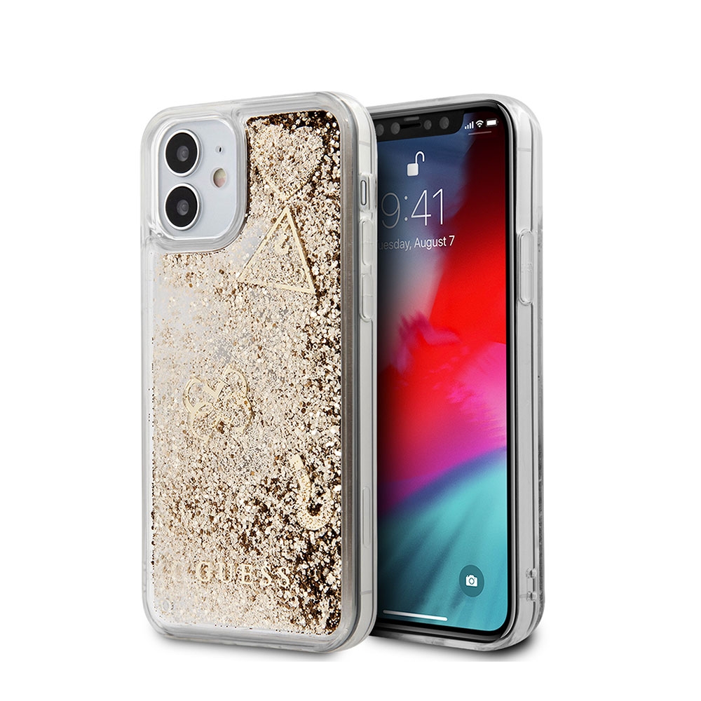 Image of Guess - iPhone 12 Mini Hardcase Hülle Liquid Glitter Charms (GUHCP12SGLHFLGO) - Gold / Transparent bei Apfelkiste.ch