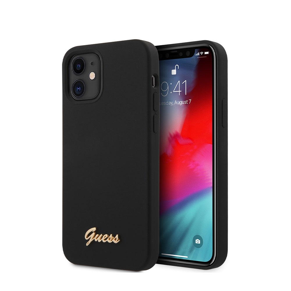 Image of Guess - iPhone 12 Mini Silikon Hardcase Hülle Vintage Script (GUHCP12SLSLMGBK) - Schwarz / Gold bei Apfelkiste.ch