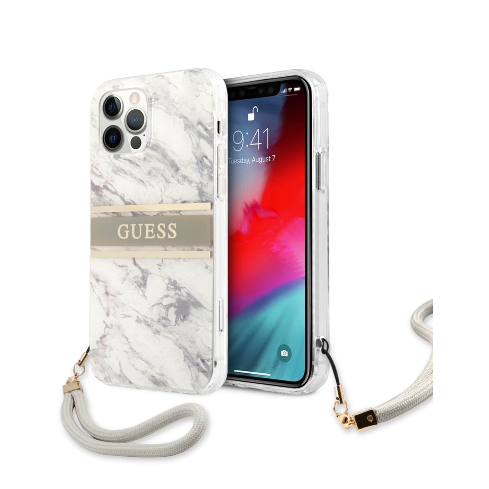 Image of Guess - iPhone 12 / iPhone 12 Pro Hardcase Hülle Marble Strap (GUHCP12MKMABGR) - Weiss / Grau bei Apfelkiste.ch