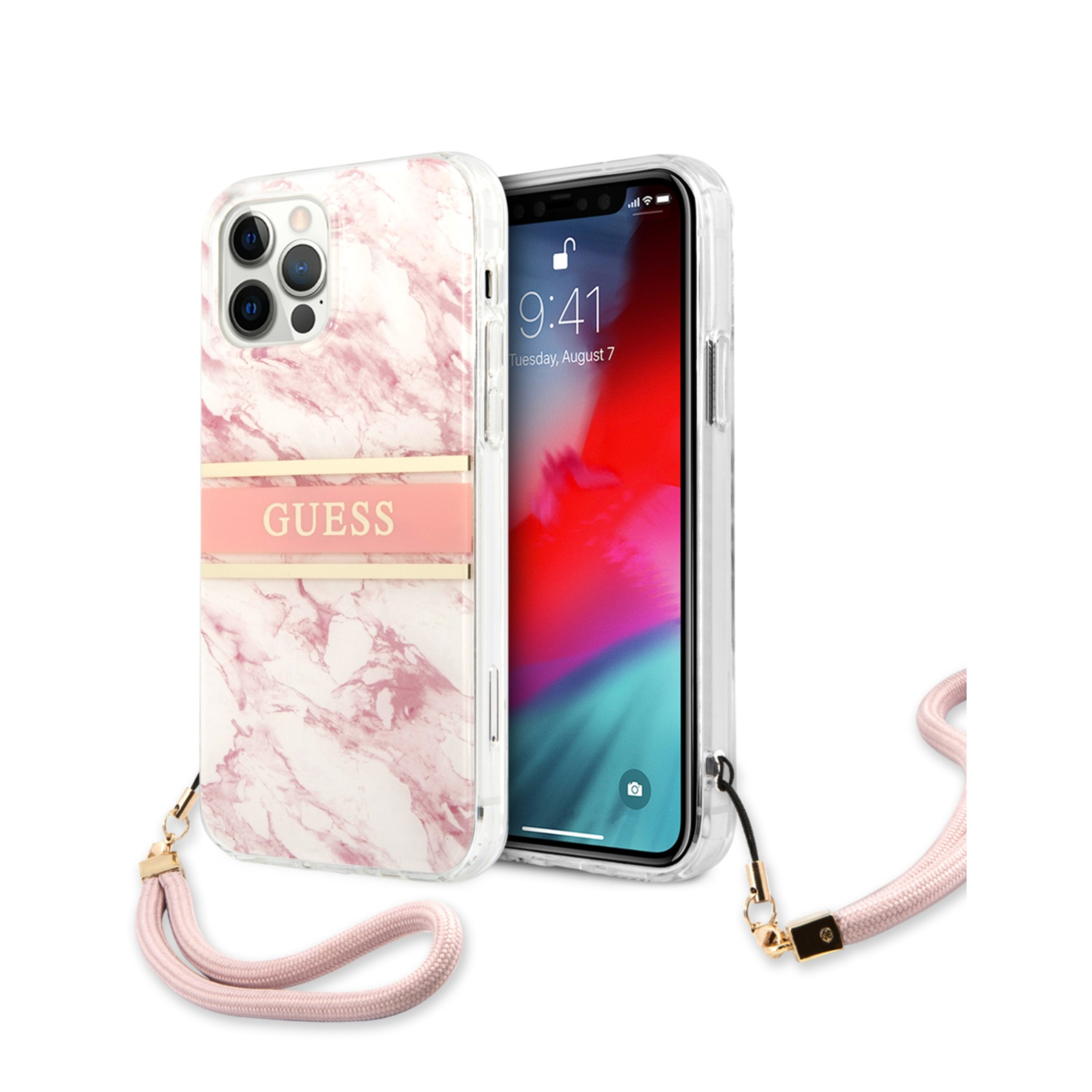 Image of Guess - iPhone 12 / iPhone 12 Pro Hardcase Hülle Marble Strap (GUHCP12MKMABPI) - Weiss / Rosa bei Apfelkiste.ch
