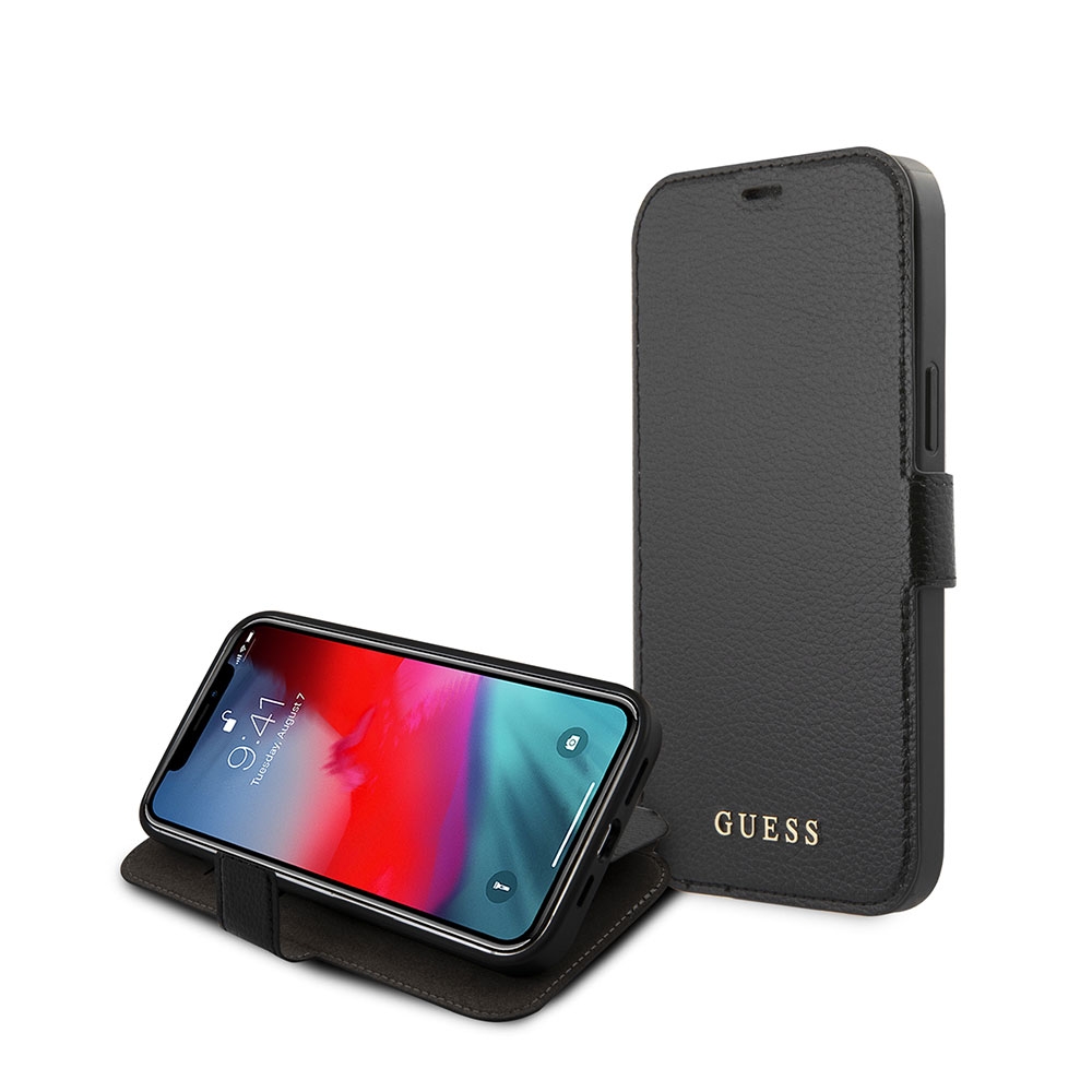 Image of Guess - iPhone 12 / iPhone 12 Pro Leder Tasche Book Cover Iridescent (GUFLBKSP12MIGLBK) - Schwarz bei Apfelkiste.ch