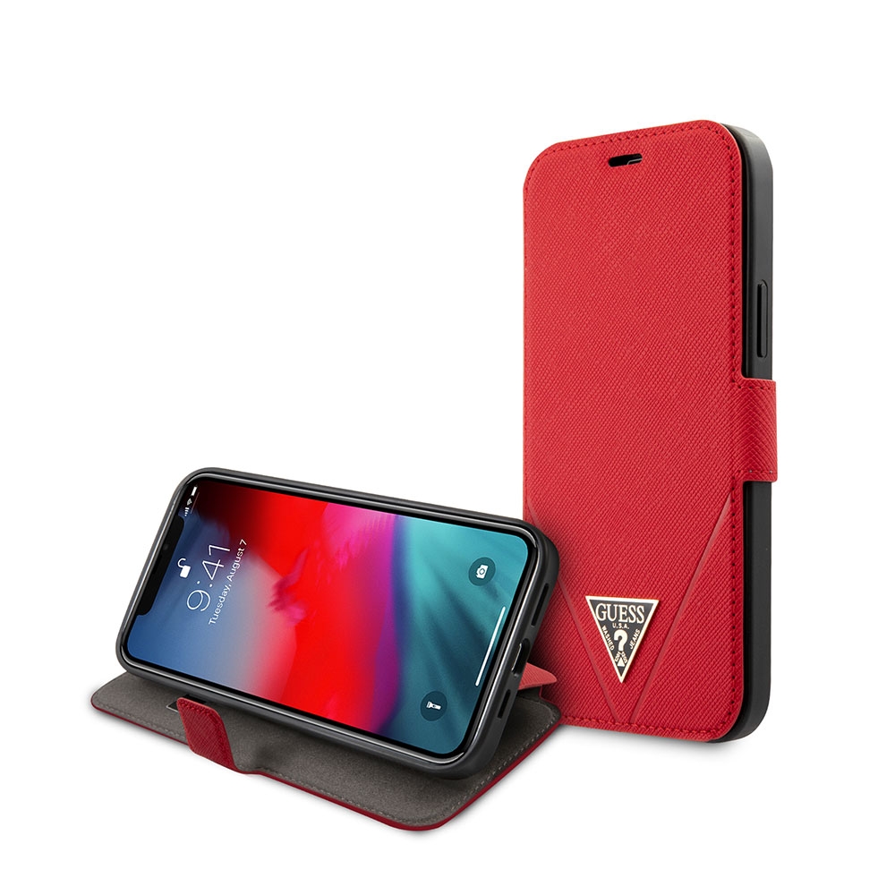 Image of Guess - iPhone 12 / iPhone 12 Pro Leder Tasche Book Cover Saffiano V Stitch (GUFLBKP12MVSATMLRE) - Rot bei Apfelkiste.ch