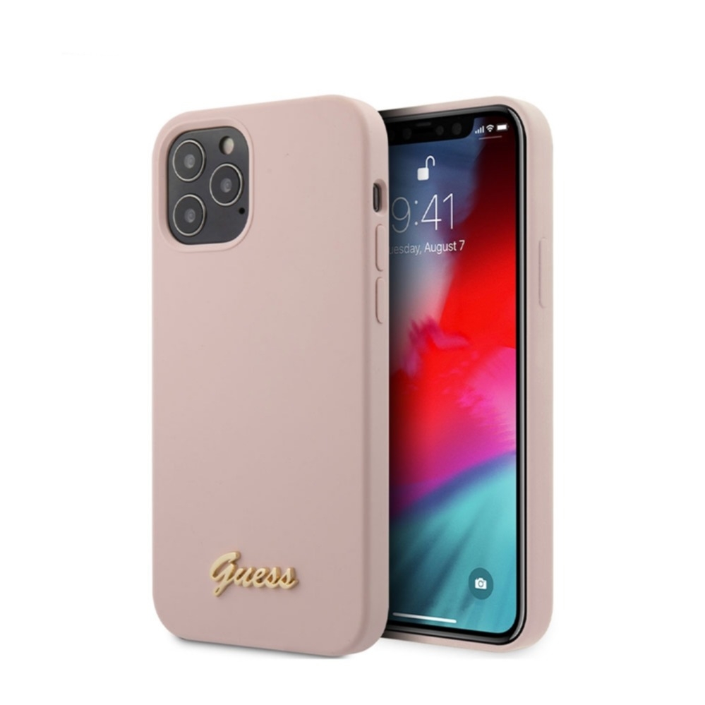 Image of Guess - iPhone 12 Pro Max Silikon Hardcase Hülle Vintage Script (GUHCP12LLSLMGLP) - Rosa / Gold bei Apfelkiste.ch