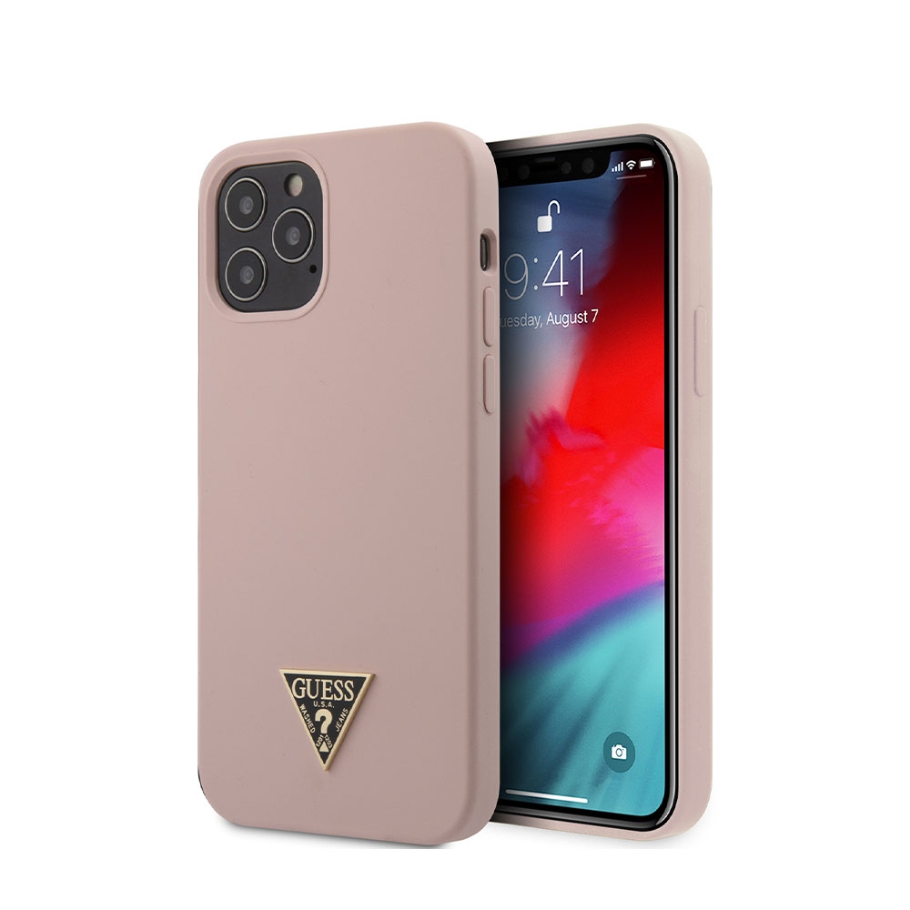 Image of Guess - iPhone 12 Pro Max Silikon Hardcase Hülle Triangles (GUHCP12LLSTMLP) - Rosa / Gold bei Apfelkiste.ch