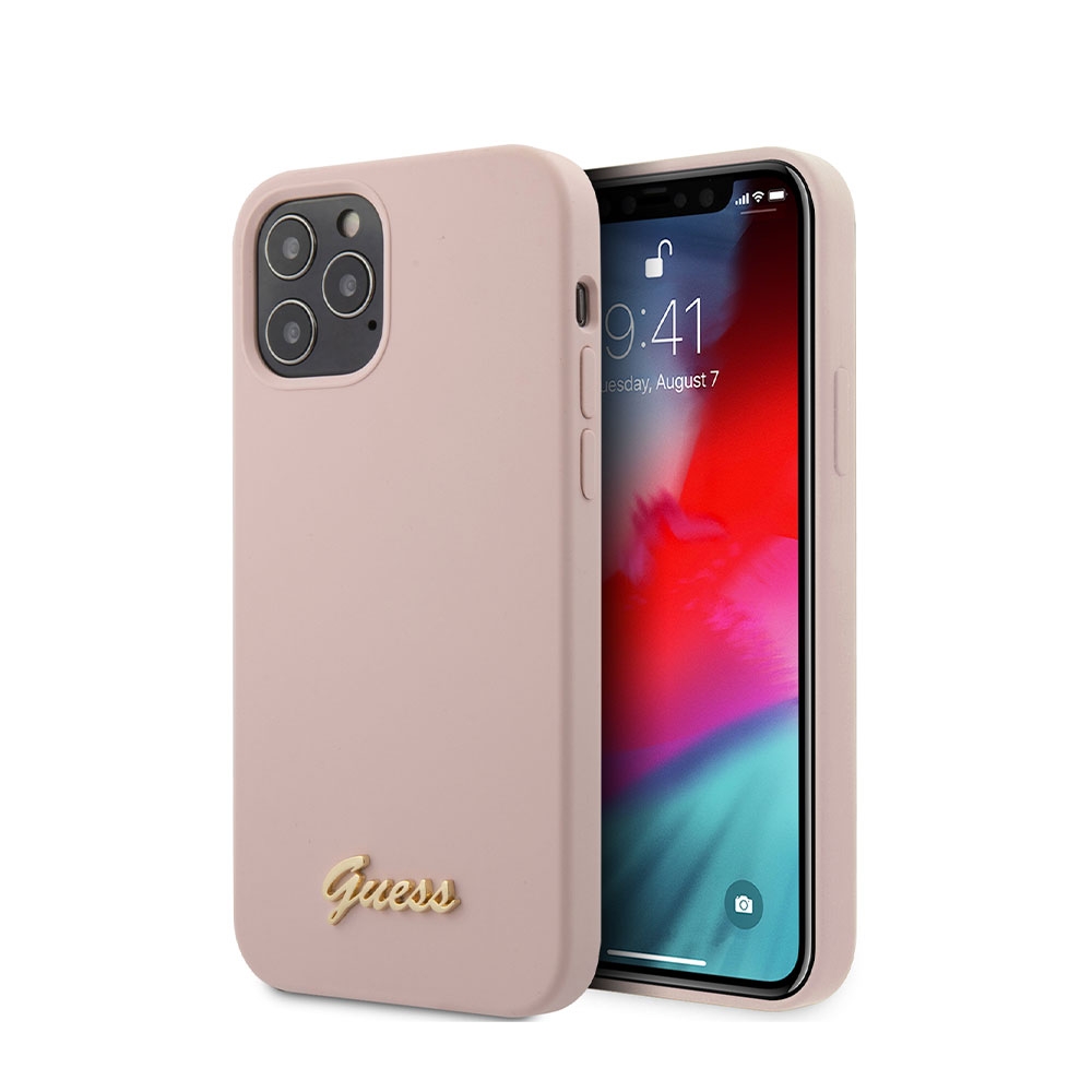 Image of Guess - iPhone 12 / iPhone 12 Pro Silikon Hardcase Hülle Vintage Script (GUHCP12MLSLMGLP) - Rosa / Gold bei Apfelkiste.ch