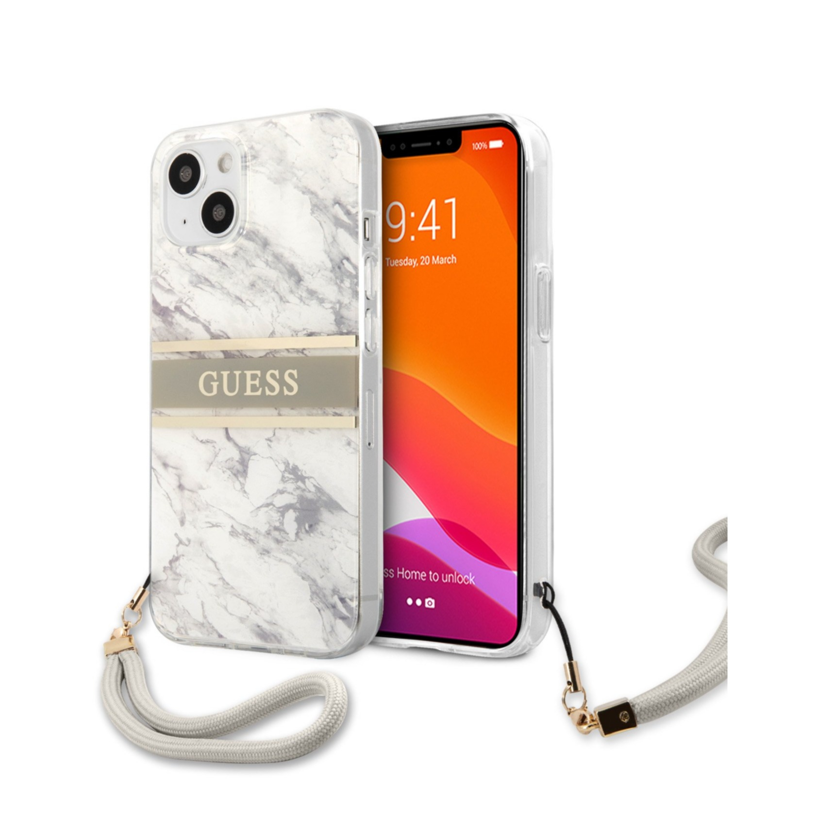 Image of Guess - iPhone 13 Hardcase Hülle Marble Strap (GUHCP13MKMABGR) - Weiss / Grau bei Apfelkiste.ch