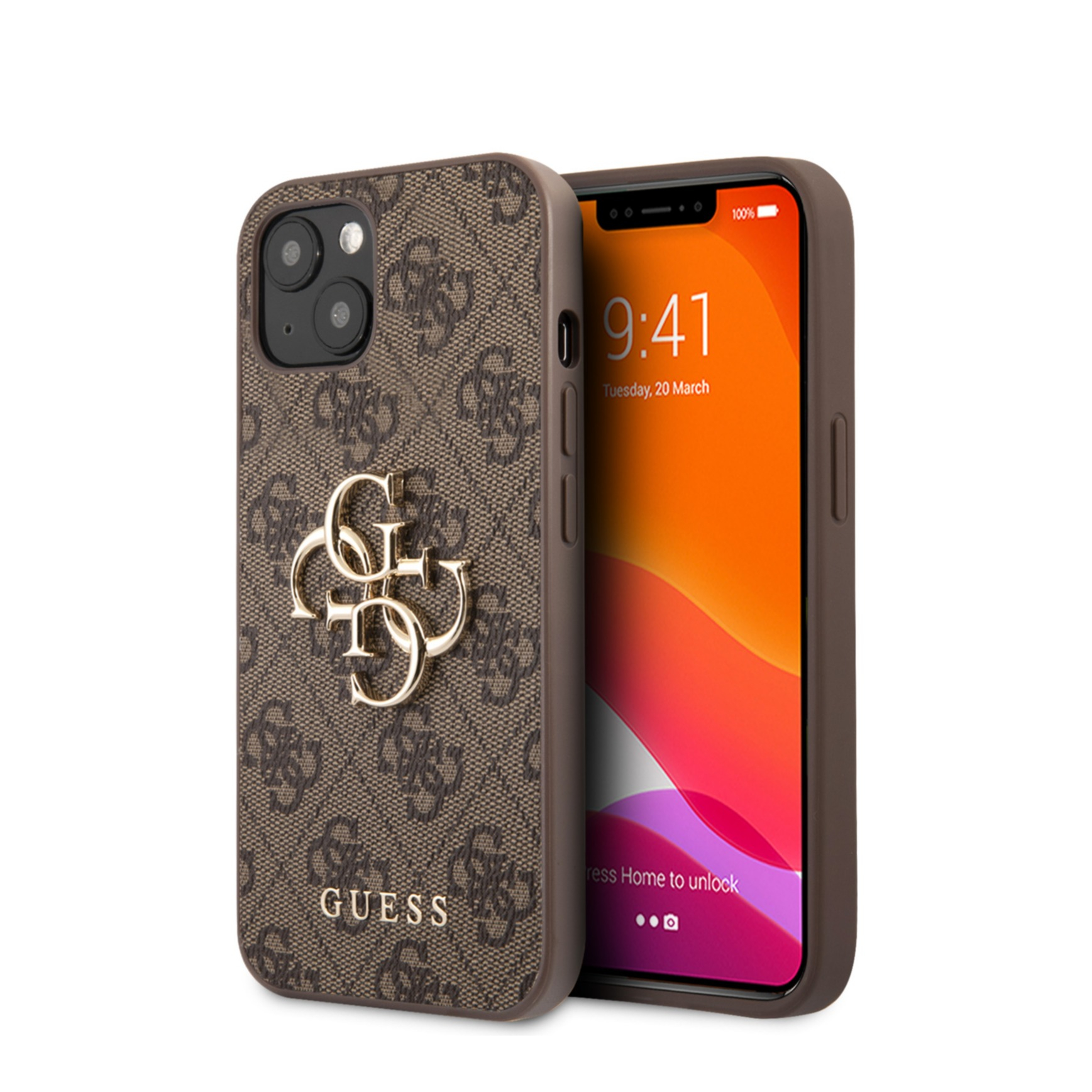 Image of Guess - iPhone 13 Mini Leder Hardcase Hülle Metall Logo (GUHCP13S4GMGB) - Braun / Gold bei Apfelkiste.ch