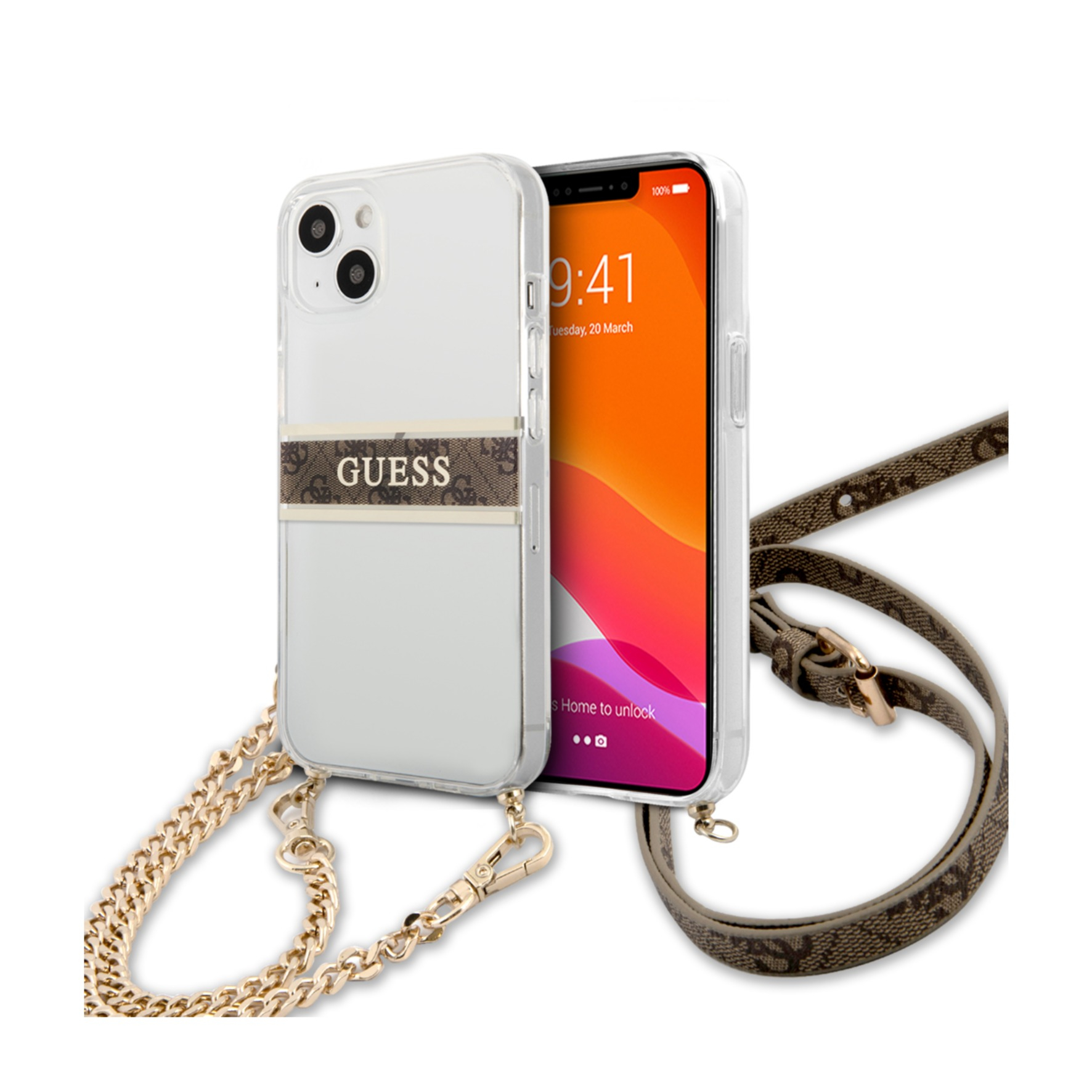 Image of Guess - iPhone 13 Necklace Hardcase Hülle Crossbody + Leder Handykette (GUHCP13MKC4GBGO) - Transparent / Braun bei Apfelkiste.ch