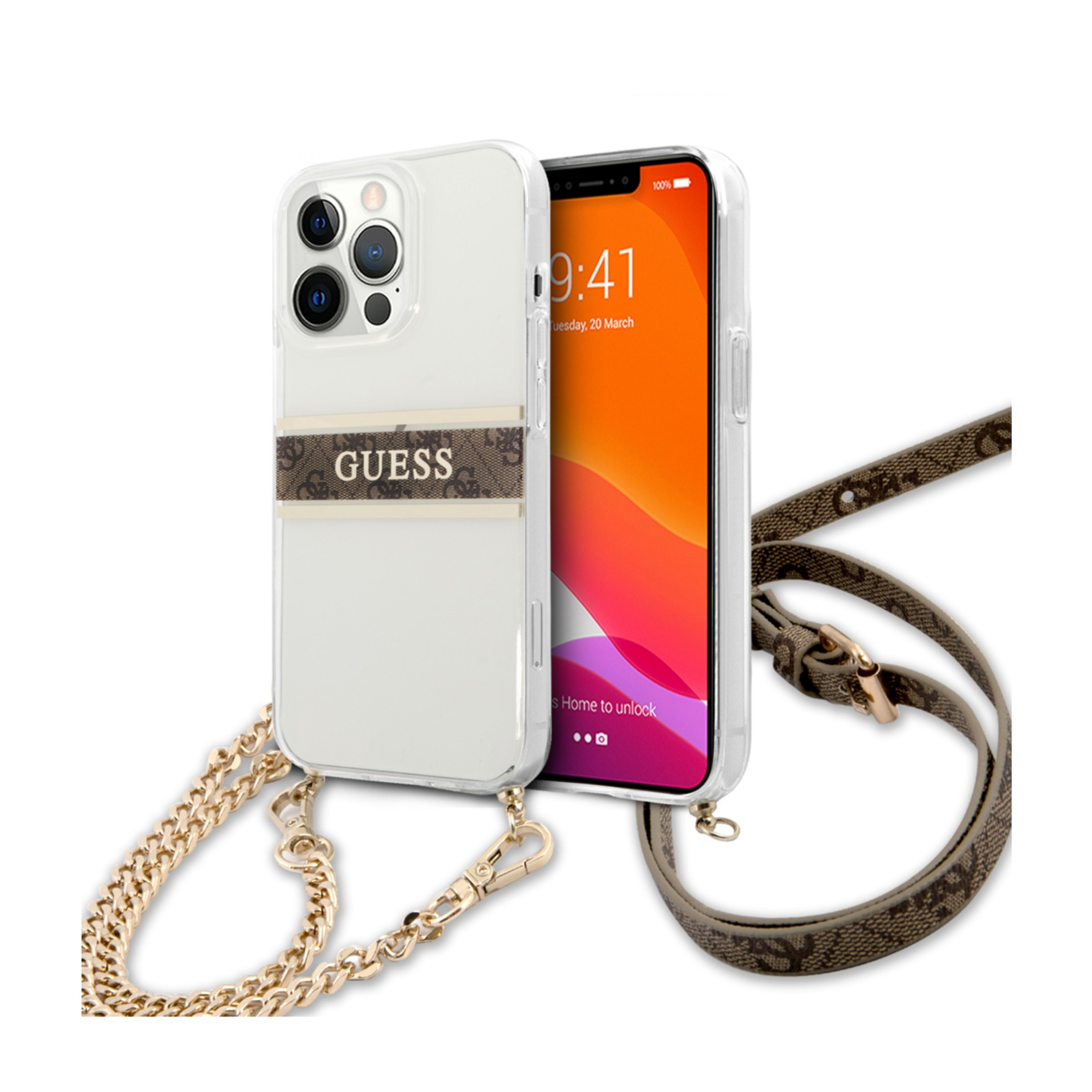 Image of Guess - iPhone 13 Pro Necklace Hardcase Hülle Crossbody + Leder Handykette (GUHCP13LKC4GBGO) - Transparent / Braun bei Apfelkiste.ch
