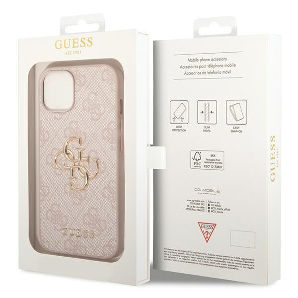Guess iPhone 15 Leder Case Metall Logo Rosa / Gold
