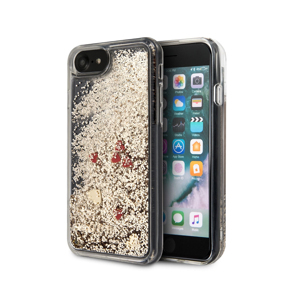 Image of Guess - iPhone SE (2022/2020) / 8 / 7 / 6S Hardcase Hülle Liquid Glitter Floating Hearts (GUHCI8GLHREGO) - Gold / Transparent bei Apfelkiste.ch