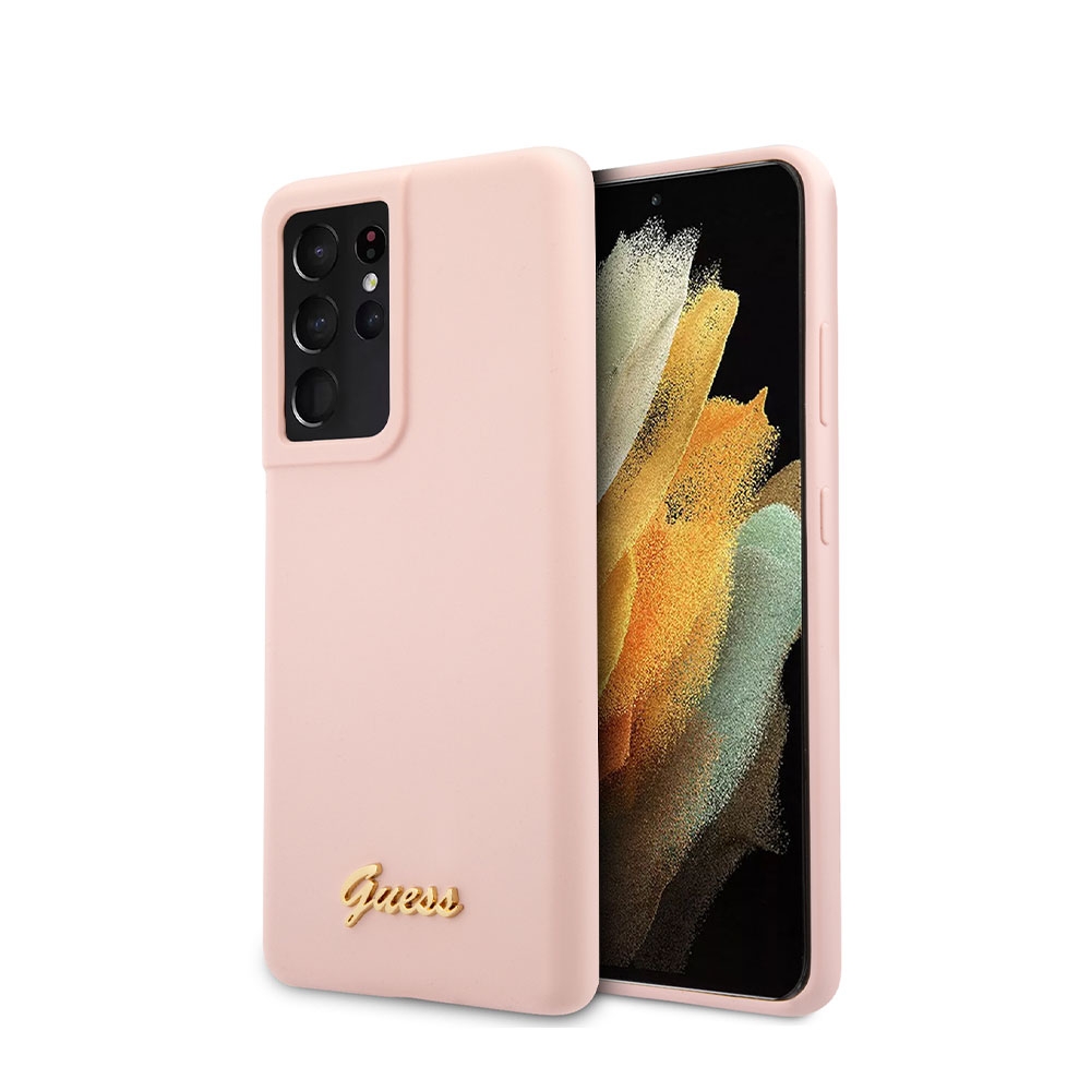 Image of Guess - Samsung Galaxy S21 Ultra 5G Silikon Hardcase Hülle Vintage Script (GUHCS21LLSLMGLP) - Rosa / Gold bei Apfelkiste.ch