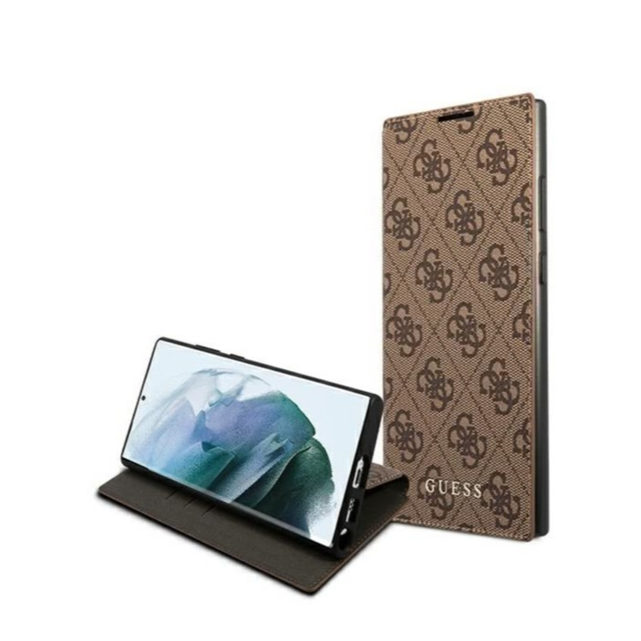 Image of Guess - Samsung Galaxy S22 Ultra 5G Book Metall Logo Leder Tasche (GUBKS22LG4GFBR) - Braun bei Apfelkiste.ch