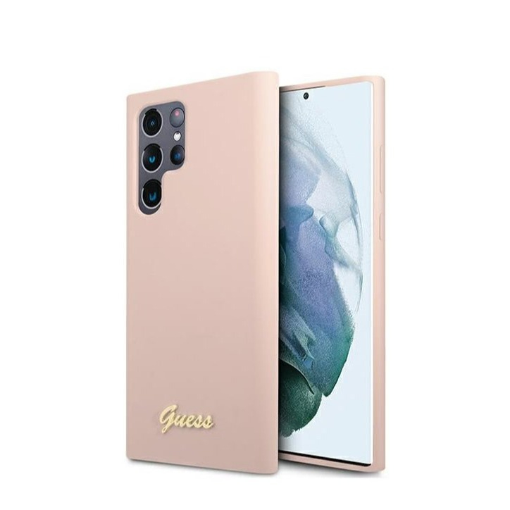 Image of Guess - Samsung Galaxy S22 Ultra 5G Silikon Hardcase Hülle Vintage Script (GUHCS22LLSLMGPP) - Rosa / Gold bei Apfelkiste.ch